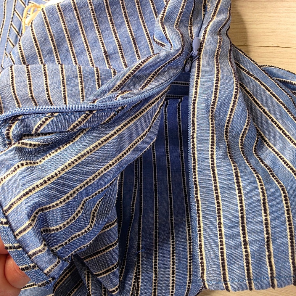 Just Bee Queen Blue Striped Ruched Crop Top Portrait Collar XS New Nautical - Picture 5 of 10